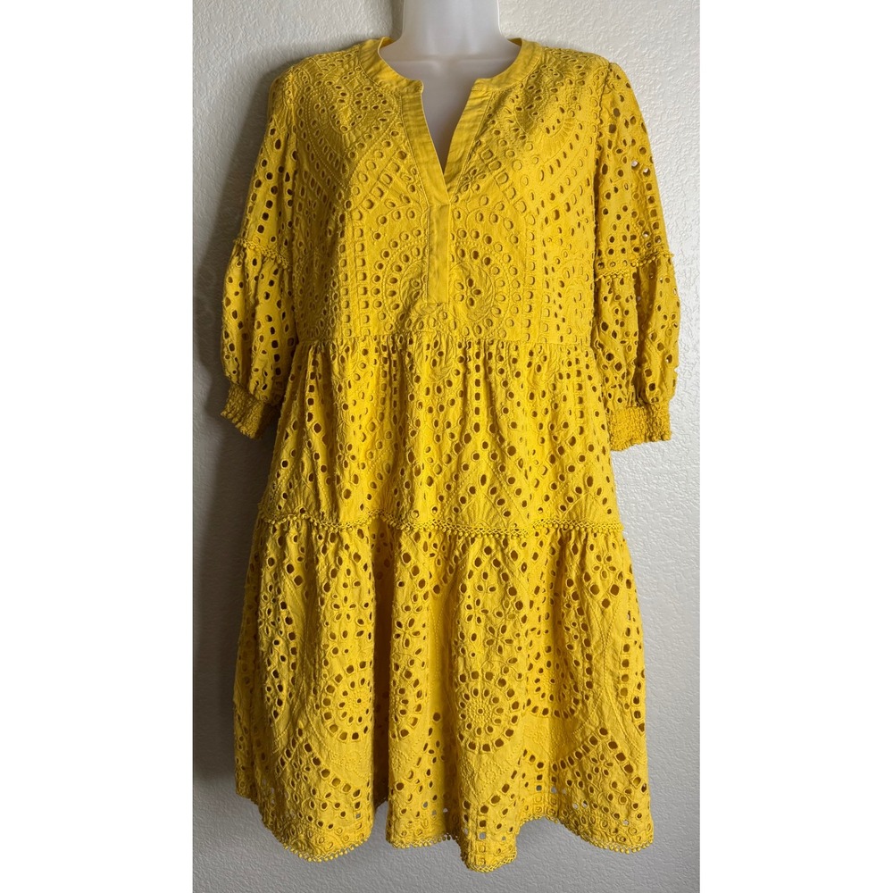 Chicos Womens 0.5 US 6 Eyelet Tiered Dress Yellow Puff Sleeve V Neck‎ Cotton